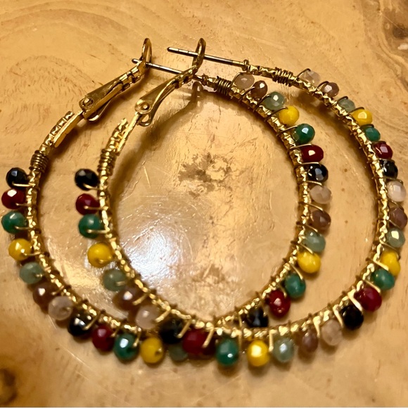 Ladies hoop earrings, gold with colorful shiny beads all around the hoops. - Picture 5 of 11